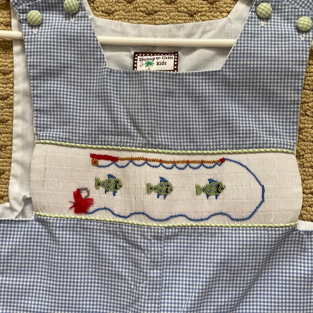 Smocked boys Shrimp and Grits Kids Jon Jon with fishing theme